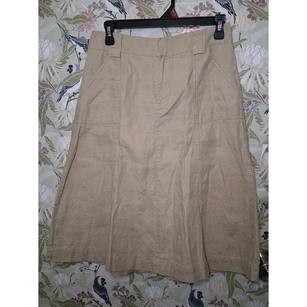 Eddie Bauer Tan 100% Linen A- Line Midi Skirt Size 6 Waist 28" Casual Boho
